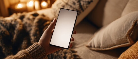 The smartphone held in hand against a cozy home environment for relaxation.