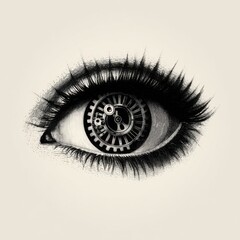 A stylized eye with intricate gears