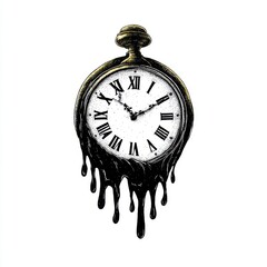 A vintage pocket watch dripping with black liquid