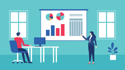 Fototapeta premium Presentation with bar charts and pie charts being shown to a seated person in an office setting room