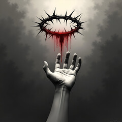 Hand Reaching for a Crown of Thorns/ Mysterious Hand Under Dripping Thorn Crown – Religious Symbolism