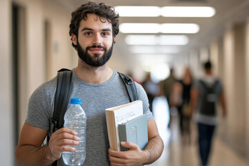 College student holding books and water bottle smiling at camera