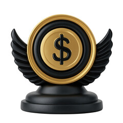 Golden dollar coin trophy with wings isolated on transparent background