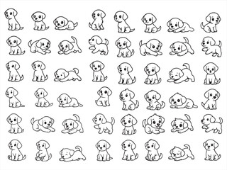 Cute Labrador Puppy Clipart Set – 12 Cartoon Baby Dog Poses (Black & White Line Art)