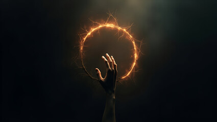 Hand Reaching for a Crown of Thorns/ Mysterious Hand Under Dripping Thorn Crown – Religious Symbolism