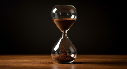 A classic hourglass with coffee running through, measuring the passage of time on a wooden table. A concept of deadlines and urgency.