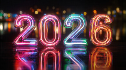 Colorful neon 2026 numbers glowing with rainbow lights and reflection creating futuristic new year celebration display on dark background
