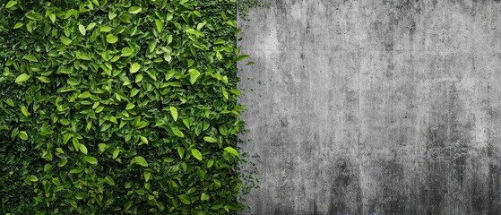 The contrast between lush greenery and a rough concrete wall.