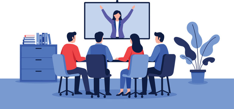 Business team in video conference with virtual participant, modern meeting setup, office interior, cad drawing flat vector illustration