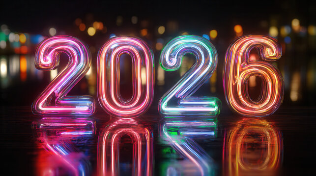 Colorful neon 2026 numbers glowing with rainbow lights and reflection creating futuristic new year celebration display on dark background
