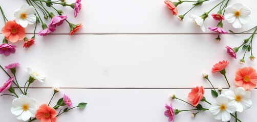 White wood background, floral frame top view, empty center for mockup,  simple,  invitation