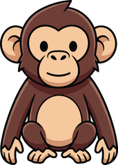 CAD drawing flat vector illustration of a cartoon monkey character, sitting pose, cute jungle animal design, children's graphic art