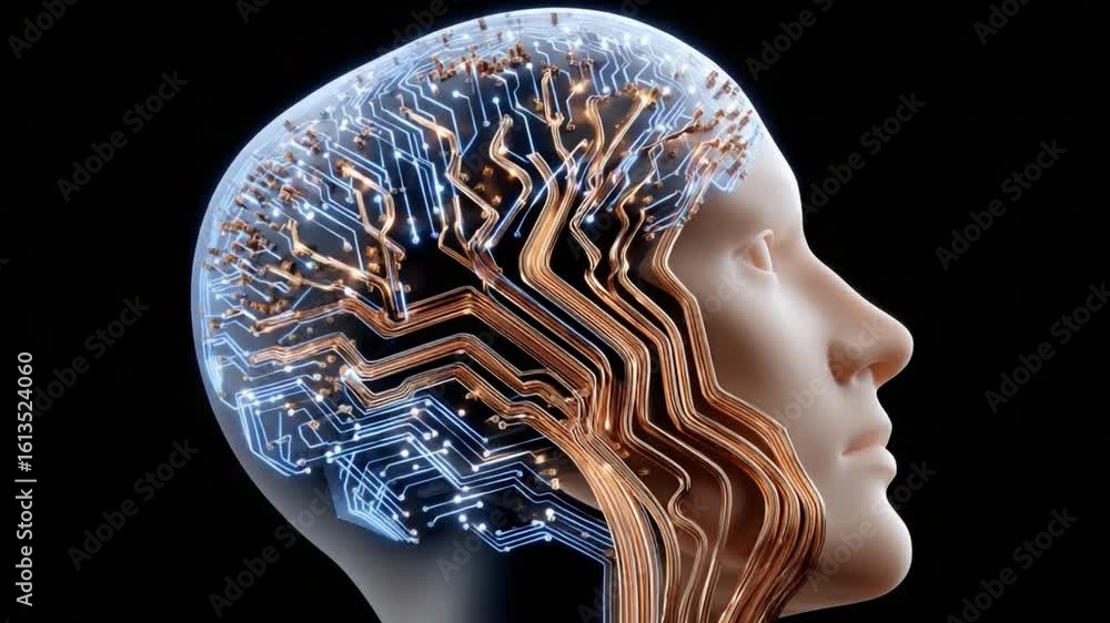 Aufkleber digital brain: a captivating visual of a human head morphing into a complex circuit board design, re