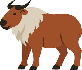 CAD drawing flat vector illustration of a takin animal, wildlife design, educational art, nature conservation, horned mammal character, rare species