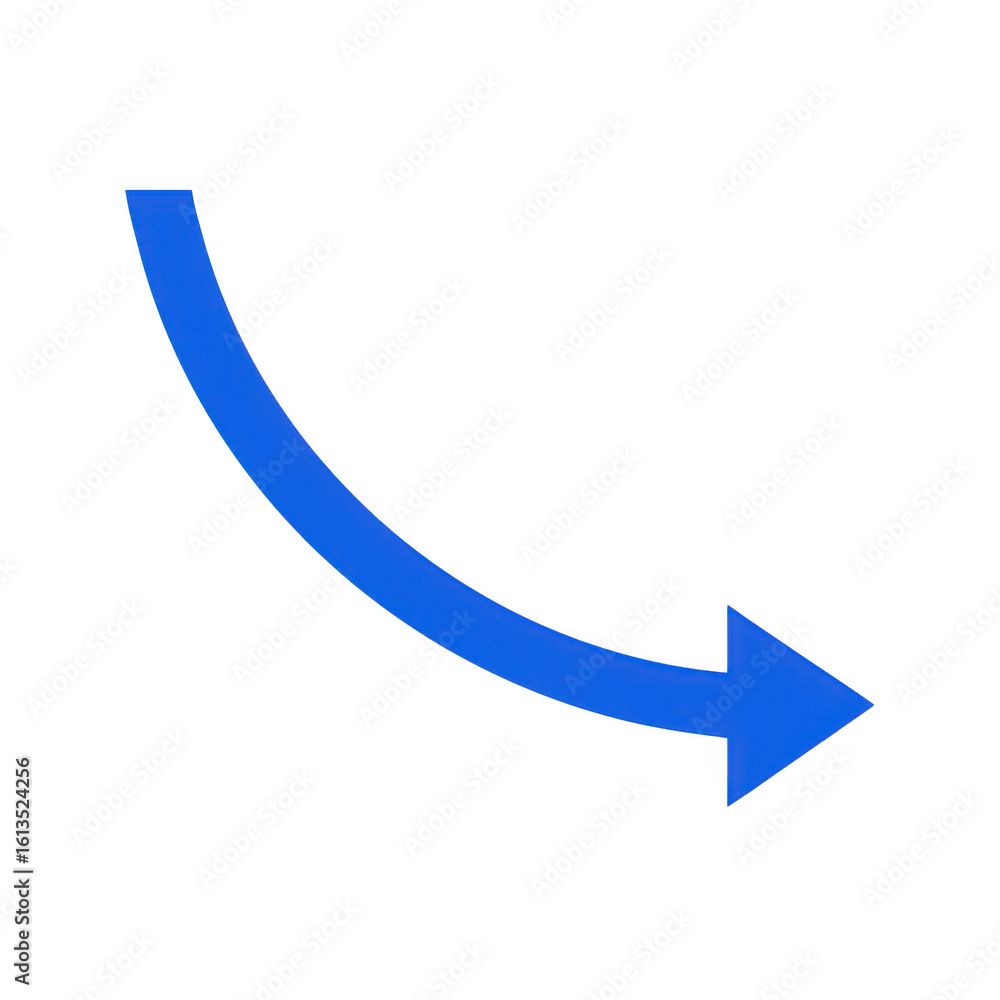 Poster blue curved arrow pointing down and right isolated on transparent background