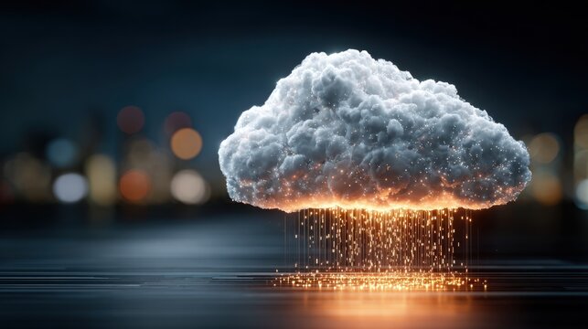 A luminous cloud glows brightly, data streams cascading below against a blurred cityscape background
