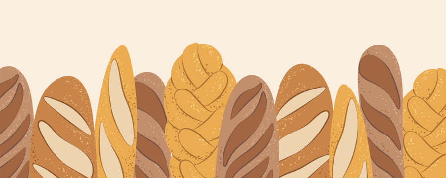 Bakery shop banner background with baguettes and bread, perfect for store branding or promotions.
