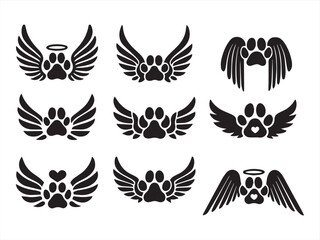 Obraz premium Pet Angel Wings with Halo and Paw Print – Memorial Vector Icon Set for Pets