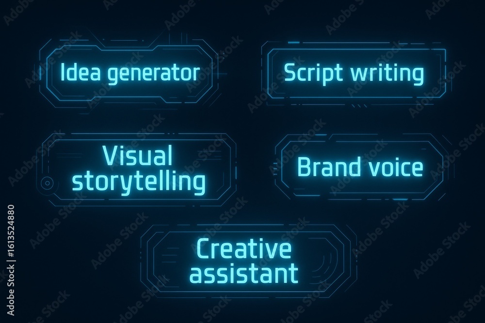Poster futuristic interface displaying idea generator and visual storytelling tools