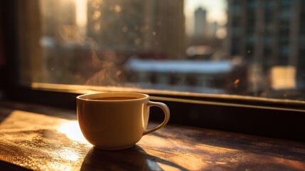 A steaming cup of coffee on a cafe table, warmed by morning sunlight.