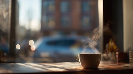A steaming cup of coffee on a cafe table, warmed by morning sunlight.