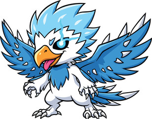 Fierce cartoon bird character with glowing eye lightning bolt, spiky crest, vibrant feathers, surreal fantasy mascot, wild vector art