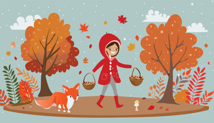 Cute girl and fox on autumn forest scene 