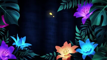 Vibrant glowing flowers and tropical leaves frame a dark textured background with subtle light effects, creating a mystical jungle ambiance. - Powered by Adobe