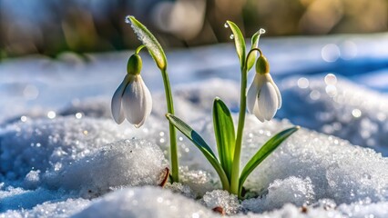 Delicate Snowdrop Blossoms Emerging Through Melting Winter Snow, a Symbol of Spring's Arrival