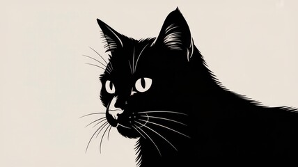 minimalist halloween design Black cat illustration with prominent features and a minimalist design on a light background.