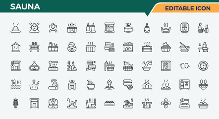 Sauna line icon set. Therapy icon set. Minimal icons pack. Pictograms of wellness, massage, sauna hat, relaxation, spa, heater, steam room and more. Editable stroke.