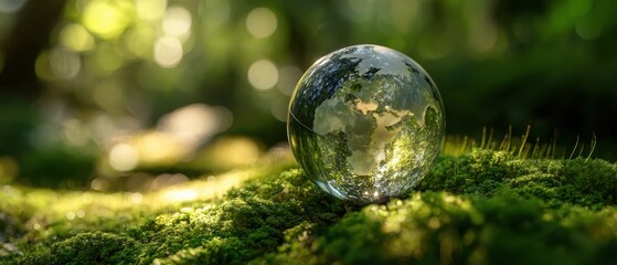 The glass globe reflecting the beauty of nature in a serene forest setting.