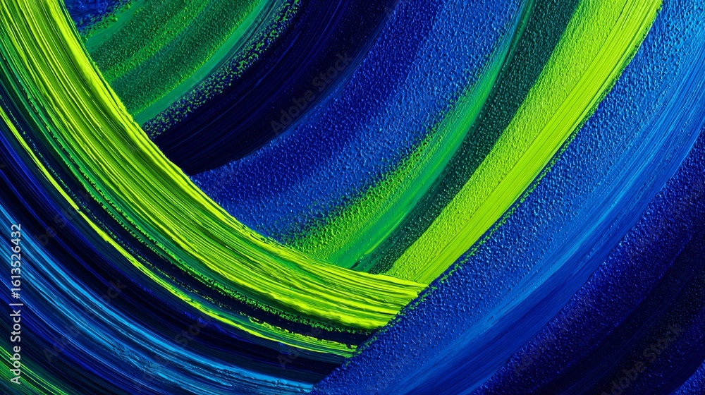 Poster abstract art featuring bold brushstrokes in electric blue hues intersected with sharp neon green lin