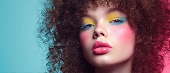 The vibrant model with artistic makeup and curly hair under studio lights