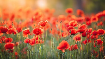 Vibrant red poppies glowing under the golden light of a sunset.