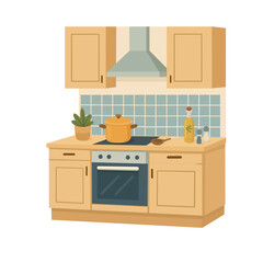 Modern kitchen interior with cooking utensils and decor, flat vector illustration