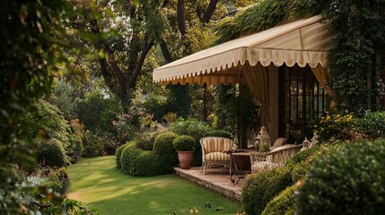 Obraz premium A serene garden patio adorned with elegant furniture, surrounded by lush greenery and blooming flowers.