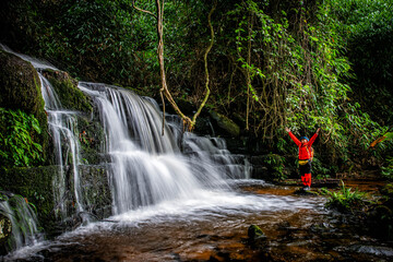 Majestic Waterfall View, A traveler standing triumphantly on a rock near a stunning wide waterfall,...
