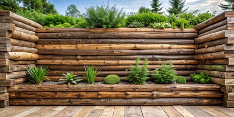 Rustic Log Wall Planter with Lush Greenery and Wooden Deck