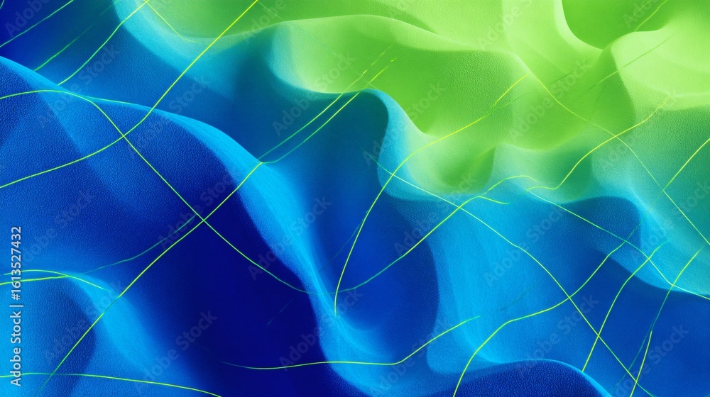 Poster abstract blue and green flowing shapes with intersecting neon yellow lines create a sense of dynamic