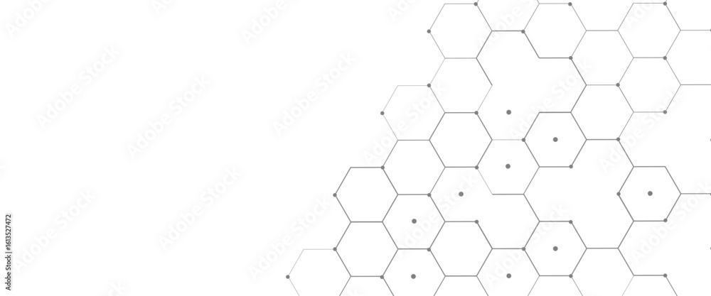 Poster vector digital hexagonal background geometric abstraction with lines and dots.