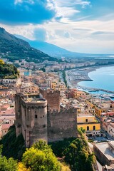 Coastal cityscape with ancient castle ruins overlooking the sea