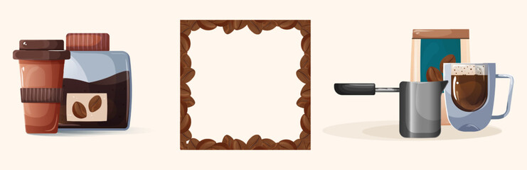  Illustration Set with Coffee Cups, Storage Jar, Frame, and Coffee Accessories. Vector Coffee Collection of Compositions and a Square-Themed Frame