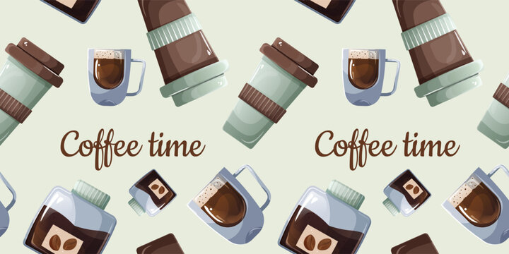 Cute Coffee Pattern with Various Drinkware for Hot Beverages. Seamless Background Featuring Takeaway and Glass Cups Filled with Coffee.