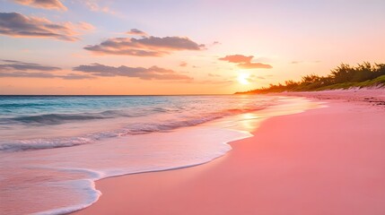 Pink sand beach sunset tropical paradise ocean waves