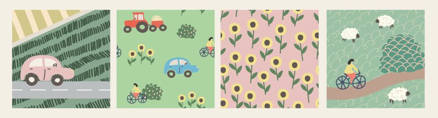 Cute countryside postcard set with car, bicycle, flowers, sheep and farm landscape in flat style, seamless pattern 