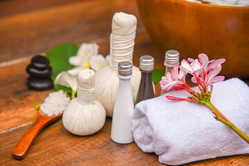 Soft and select focus Spa massage compress balls, herbal ball and treatments spa on the wooden; Spa Thailand.
