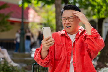 Sad Asian middle-aged man use smartphone typing browsing, fail loses lottery casino application,...