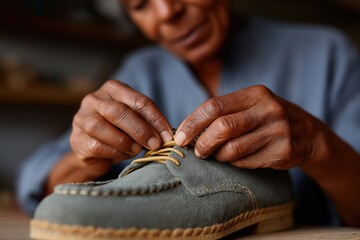 Elderly african male artisan tying shoe laces with precision in workshop setting