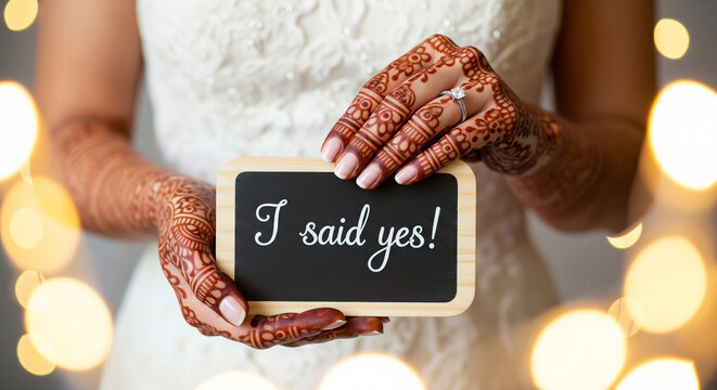 Radiant bride proudly announces engagement with "I said yes!" message and sparkling ring - Powered by Adobe